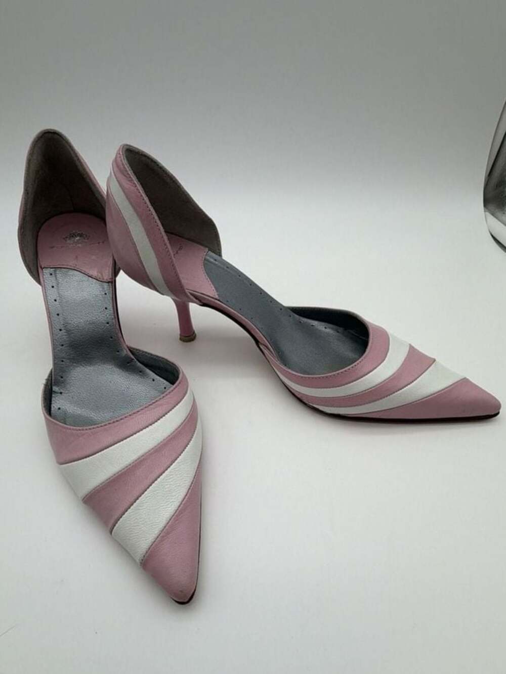 Fornarina Pink and White Leather Pointed Toe D'Orsay Kitten Heel Pumps Size 35